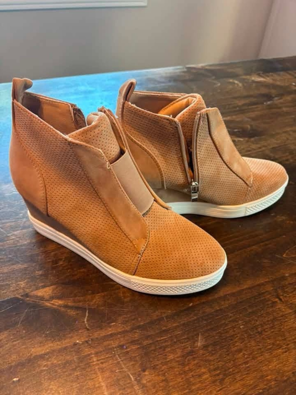 CCOCCI Tan Perforated Wedge Sneaker Booties
